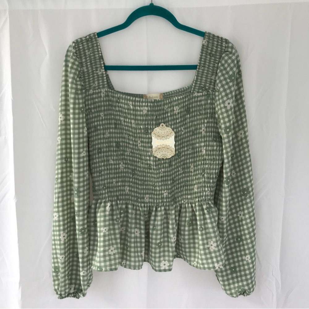 Altar’d State Green Checker Print Smocked Blouse NWT